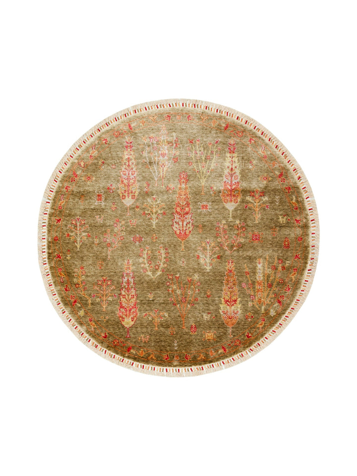 Oushak Carnaval 100% Natural Easy to Clean Handmade Round Uşak Carpet 08 GREEN Q